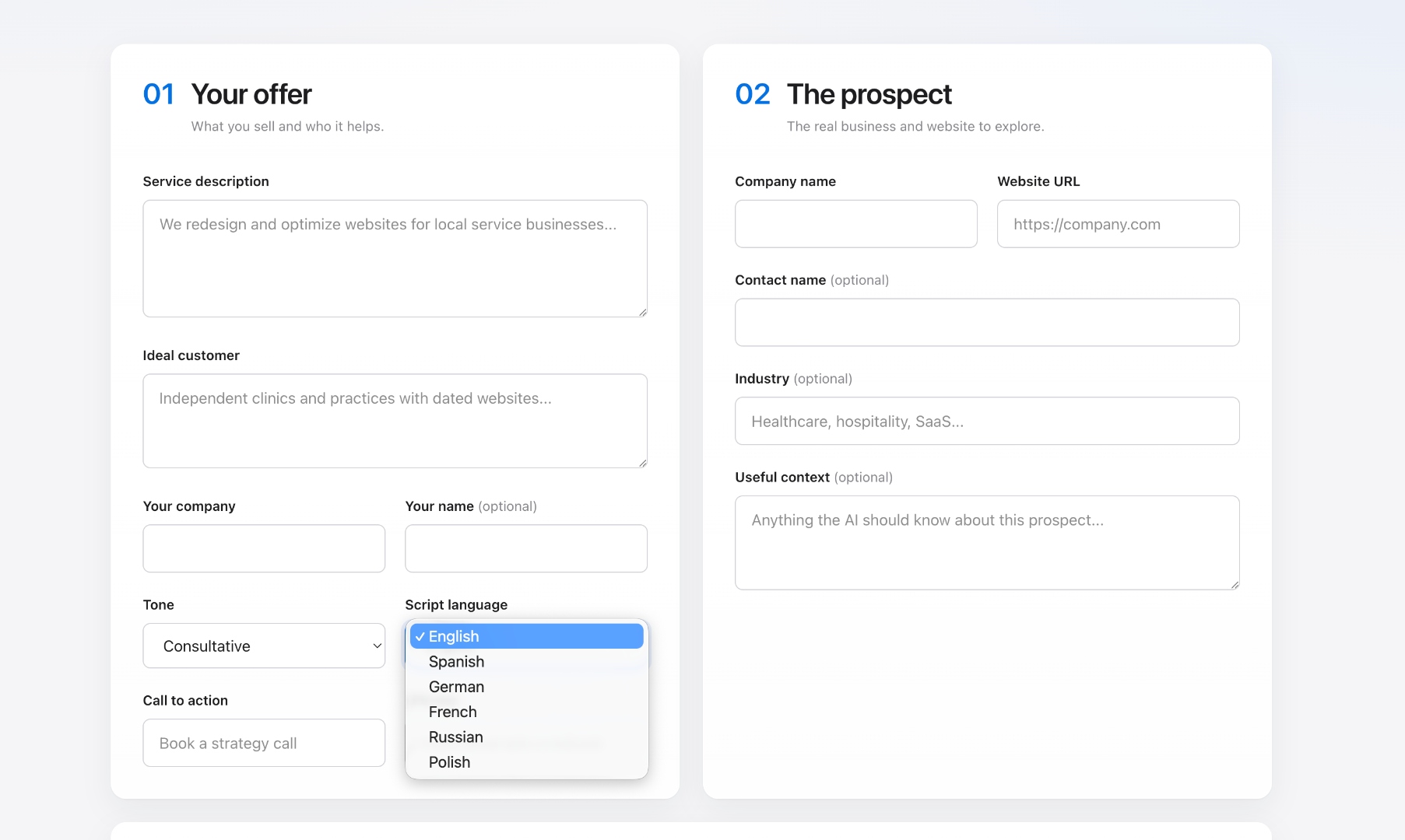 The script language selector inside PersonAIble