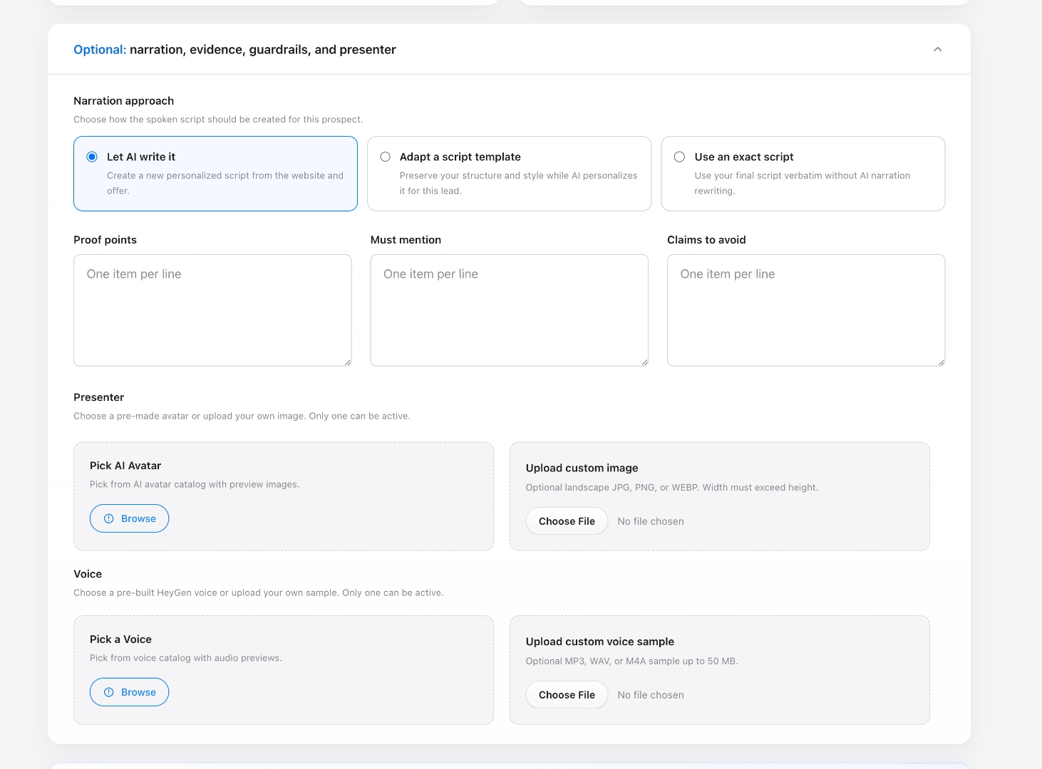 Narration approach and script guardrail options inside PersonAIble