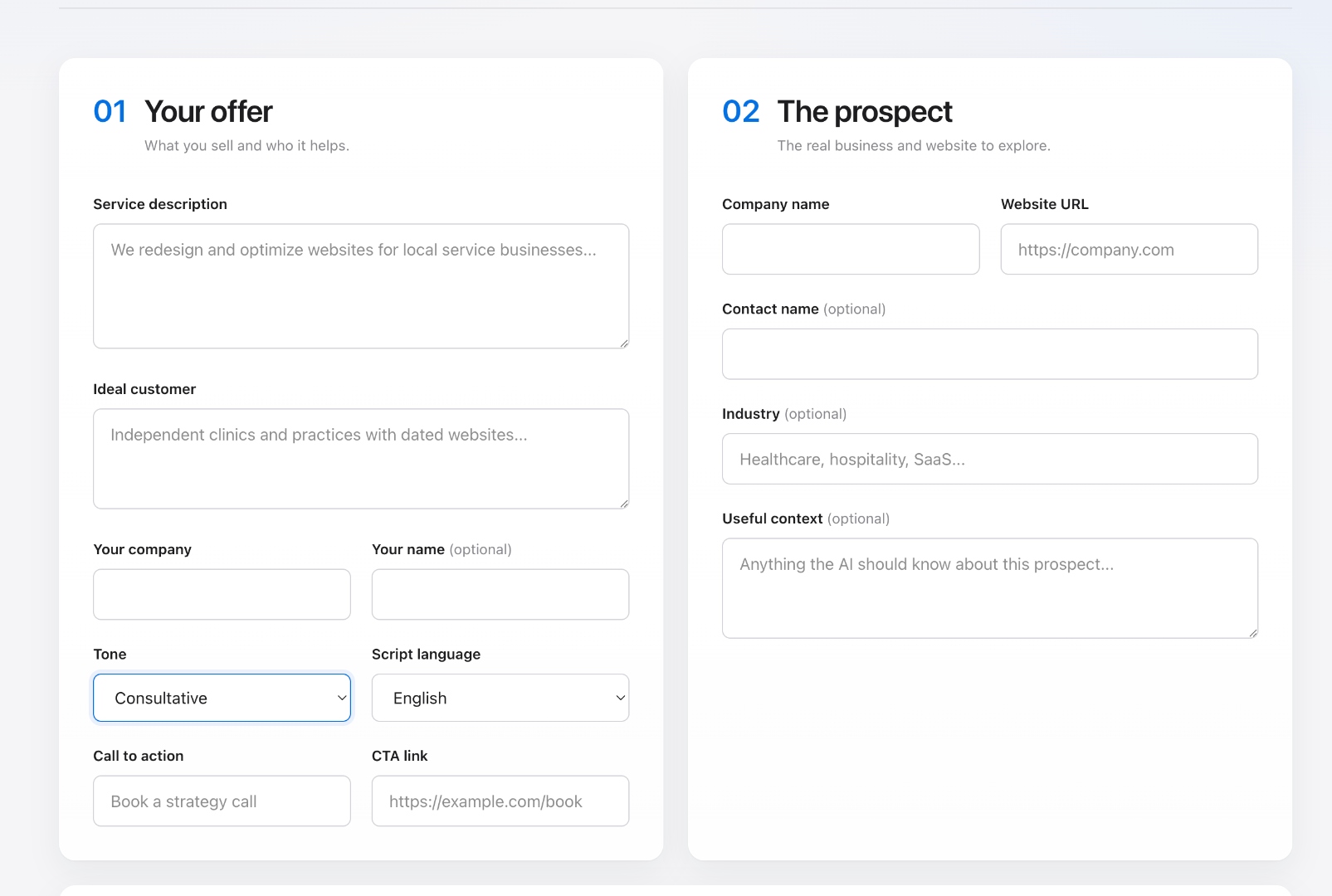 The offer and prospect setup screen inside PersonAIble