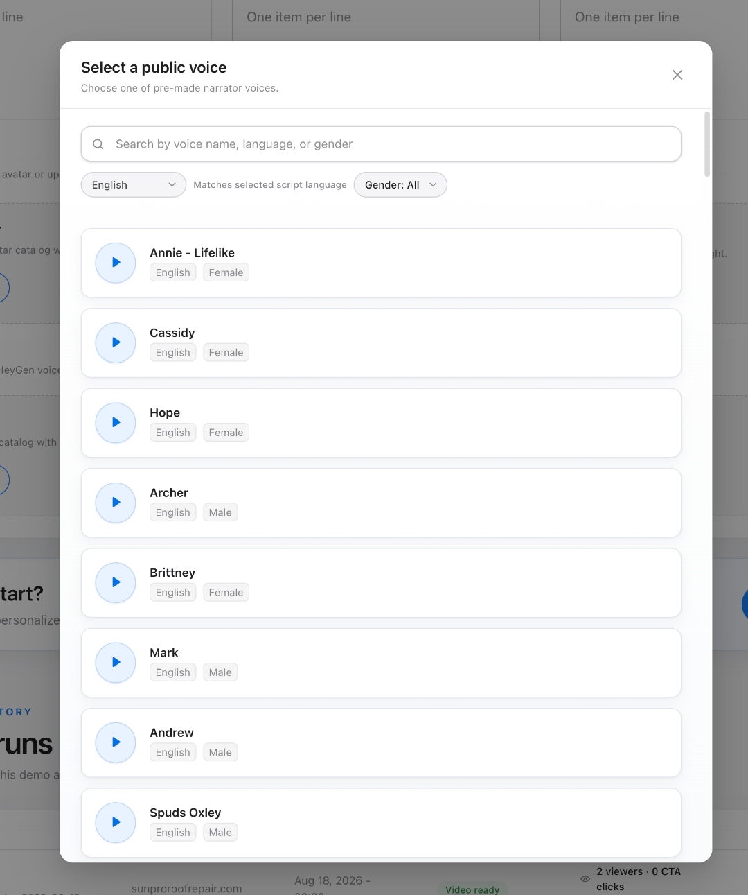 The AI voice catalog with audio previews inside PersonAIble