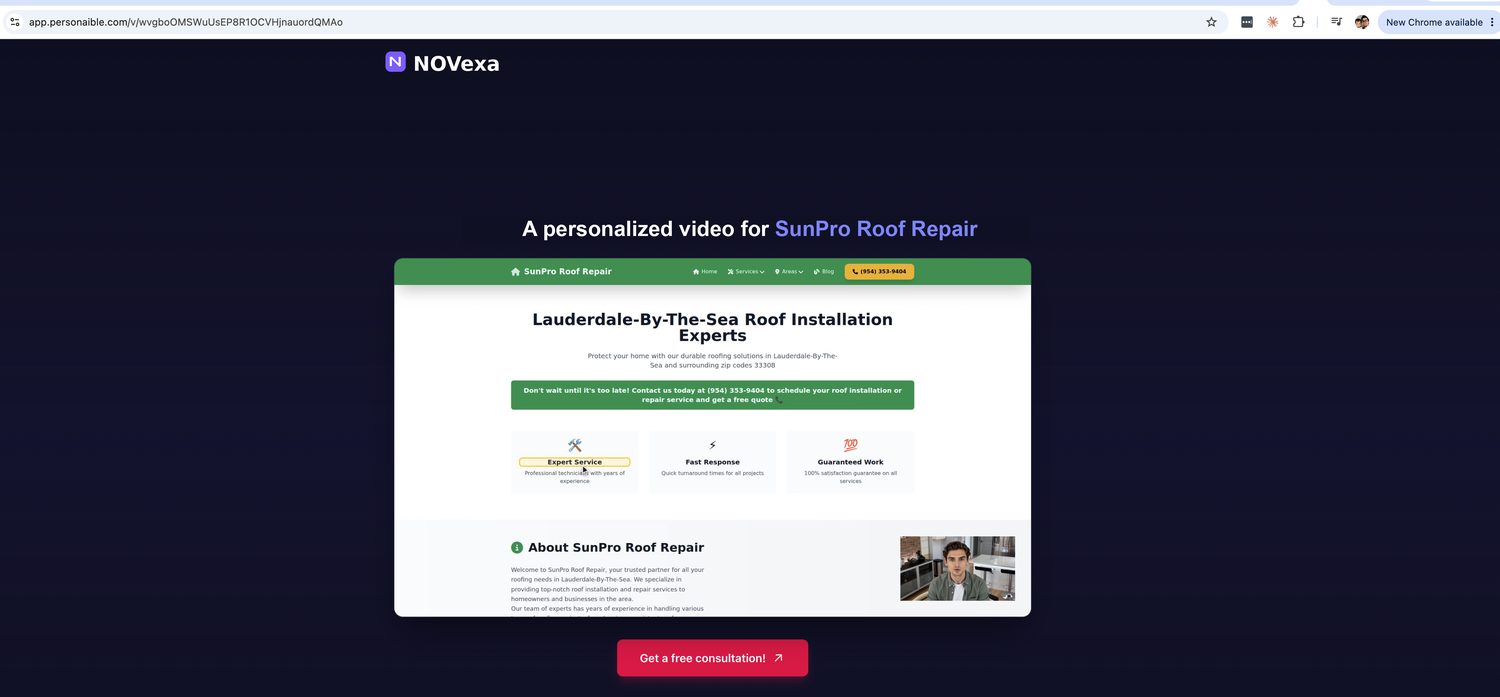 The personalized video page PersonAIble builds in one click &mdash; your own logo, brand colors, an AI screencast of the prospect&rsquo;s real website, a presenter and a call-to-action button