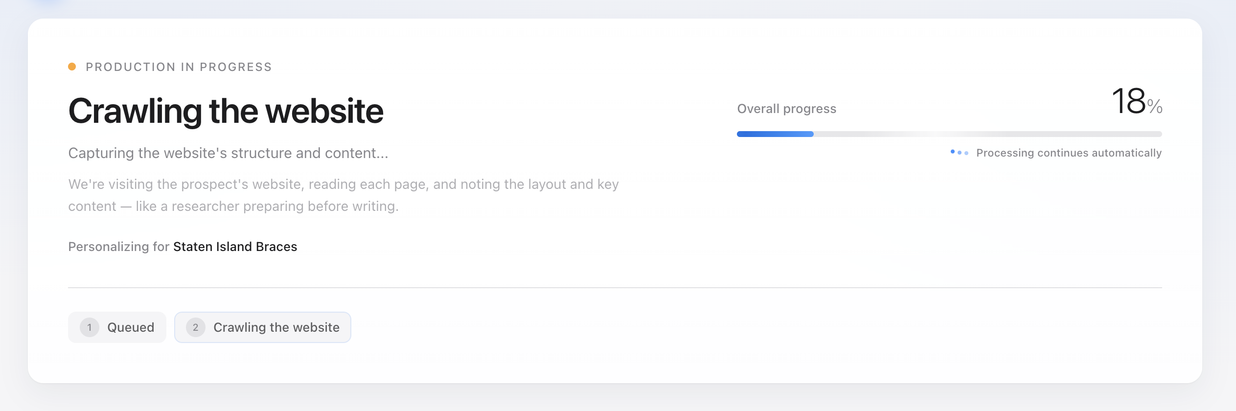 App screen: crawling the prospect's website to capture structure and content