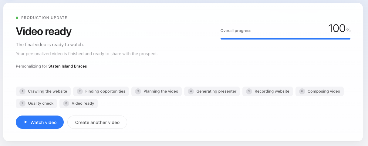 App screen: video ready at 100% with the finished personalized video page