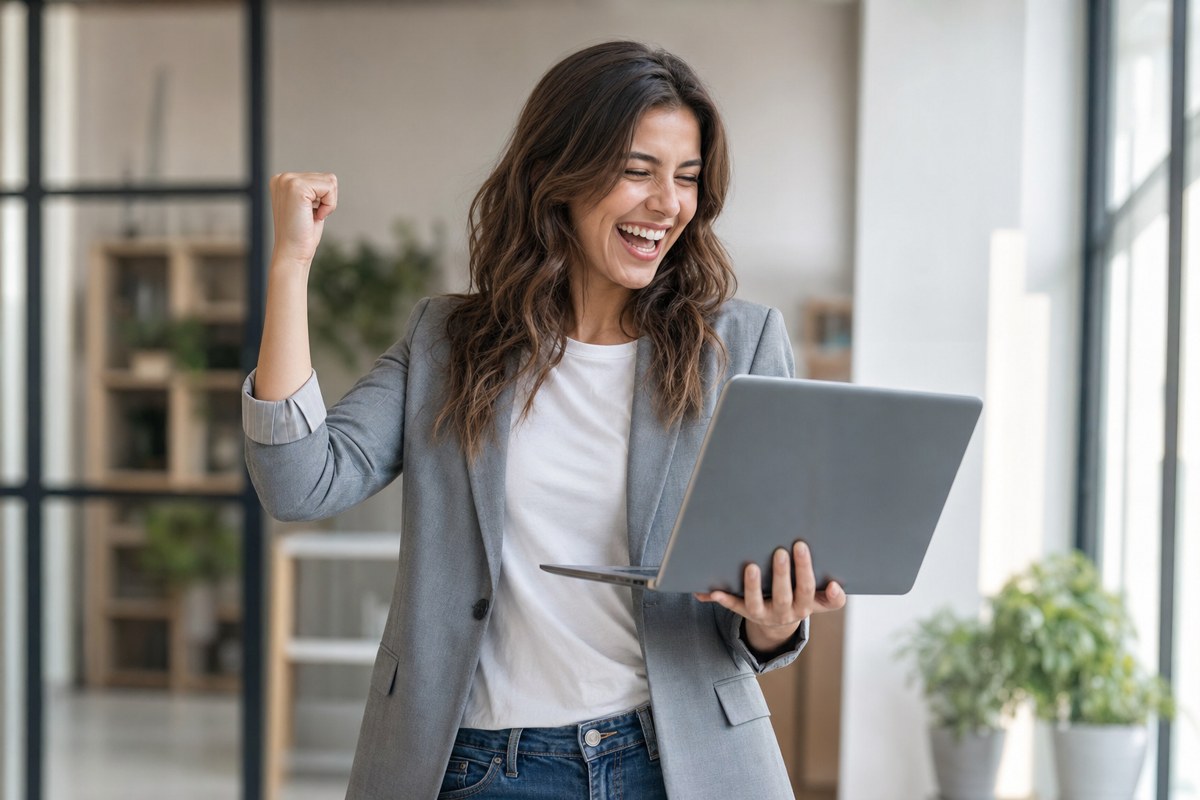 Marketer celebrating with his laptop