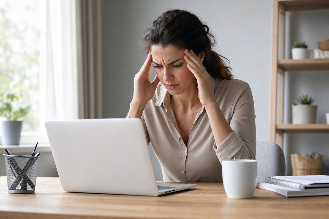 Stressed marketer holding her head over a laptop