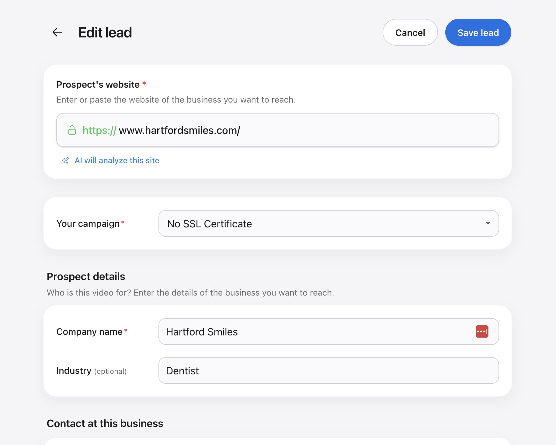 Editing a lead's prospect website and company details before generating the video