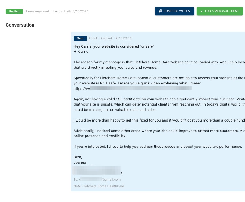 A prospect replying to an outreach email sent through Gmail