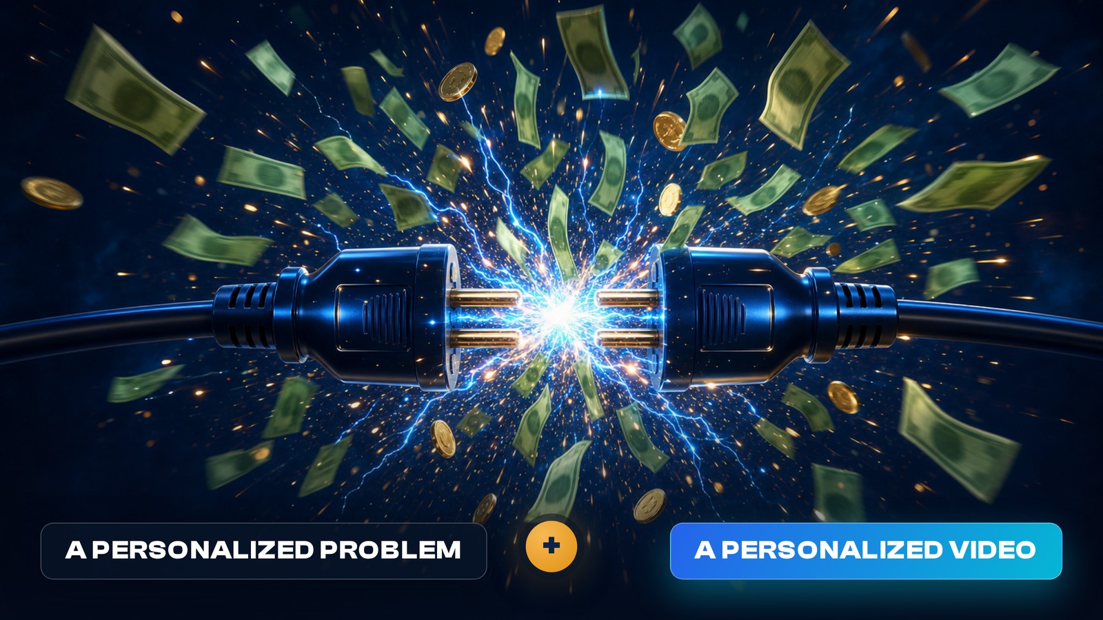 Two electrical plugs meeting head-on in an explosion of sparks with banknotes and coins flying outward, the left plug labelled A Personalized Problem and the right plug labelled A Personalized Video