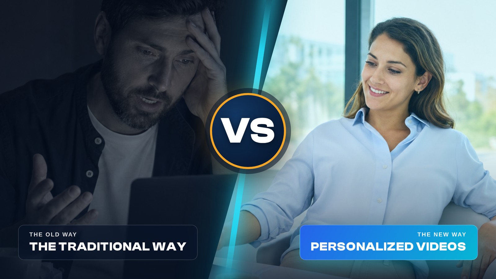 A side-by-side comparison: on the left, labelled The Traditional Way, a frustrated marketer recording videos by hand late at night in a dim cluttered office; on the right, labelled Personalized Videos, a relaxed marketer at a clean bright desk, with a VS badge between the two halves
