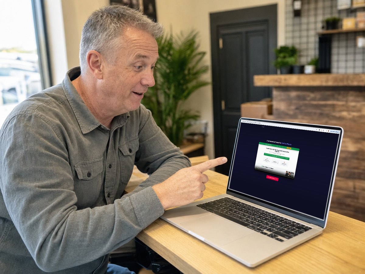 A local business owner recognizing his own website in a video