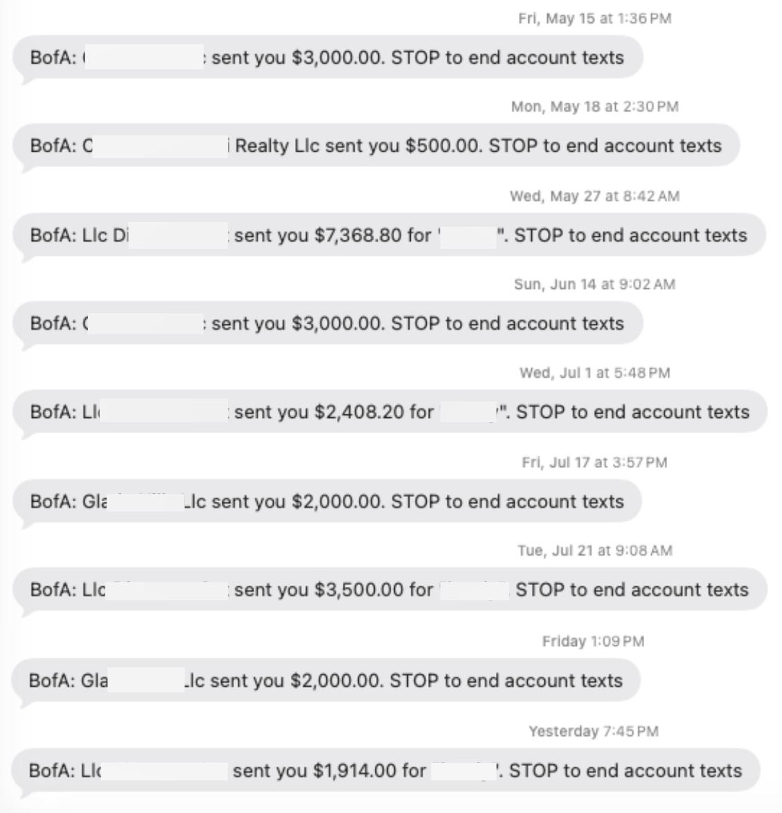 A stack of bank payment alert texts ranging from $500 to over $7,000