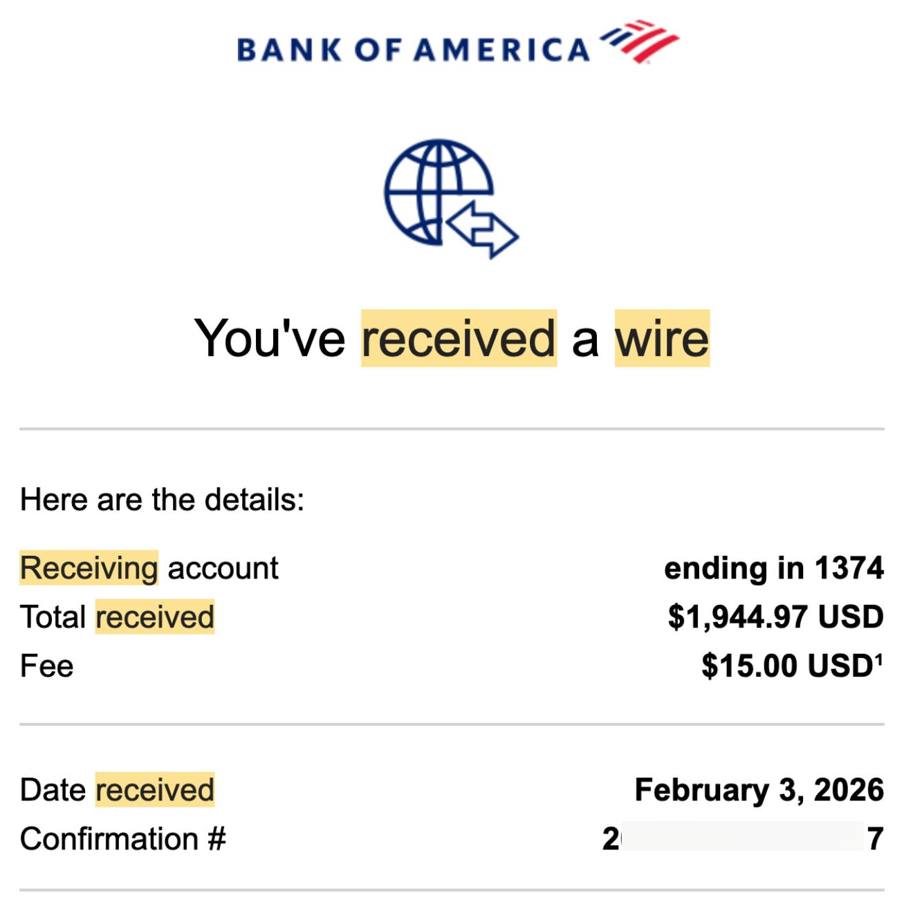 Bank wire notice for $1,944.97 received February 3, 2026