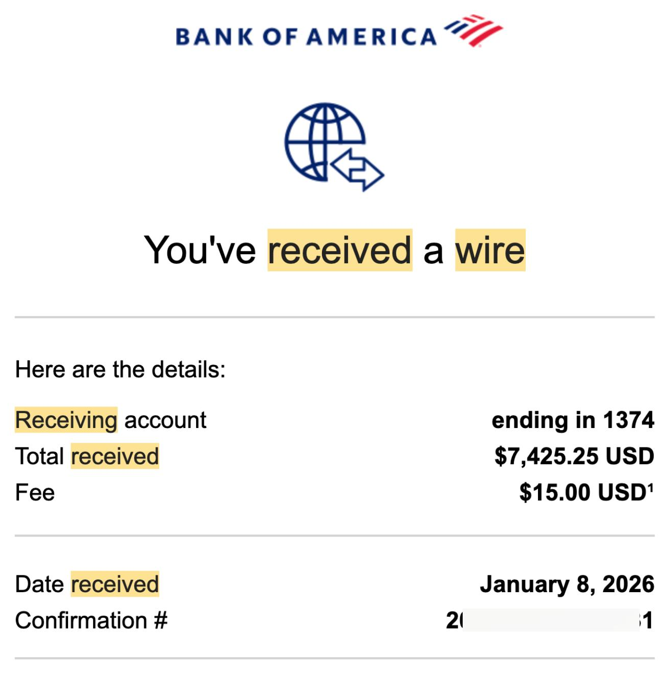 Bank wire notice for $7,425.25 received January 8, 2026