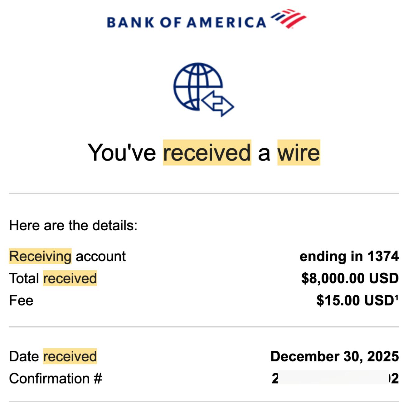 Bank wire notice for $8,000.00 received December 30, 2025