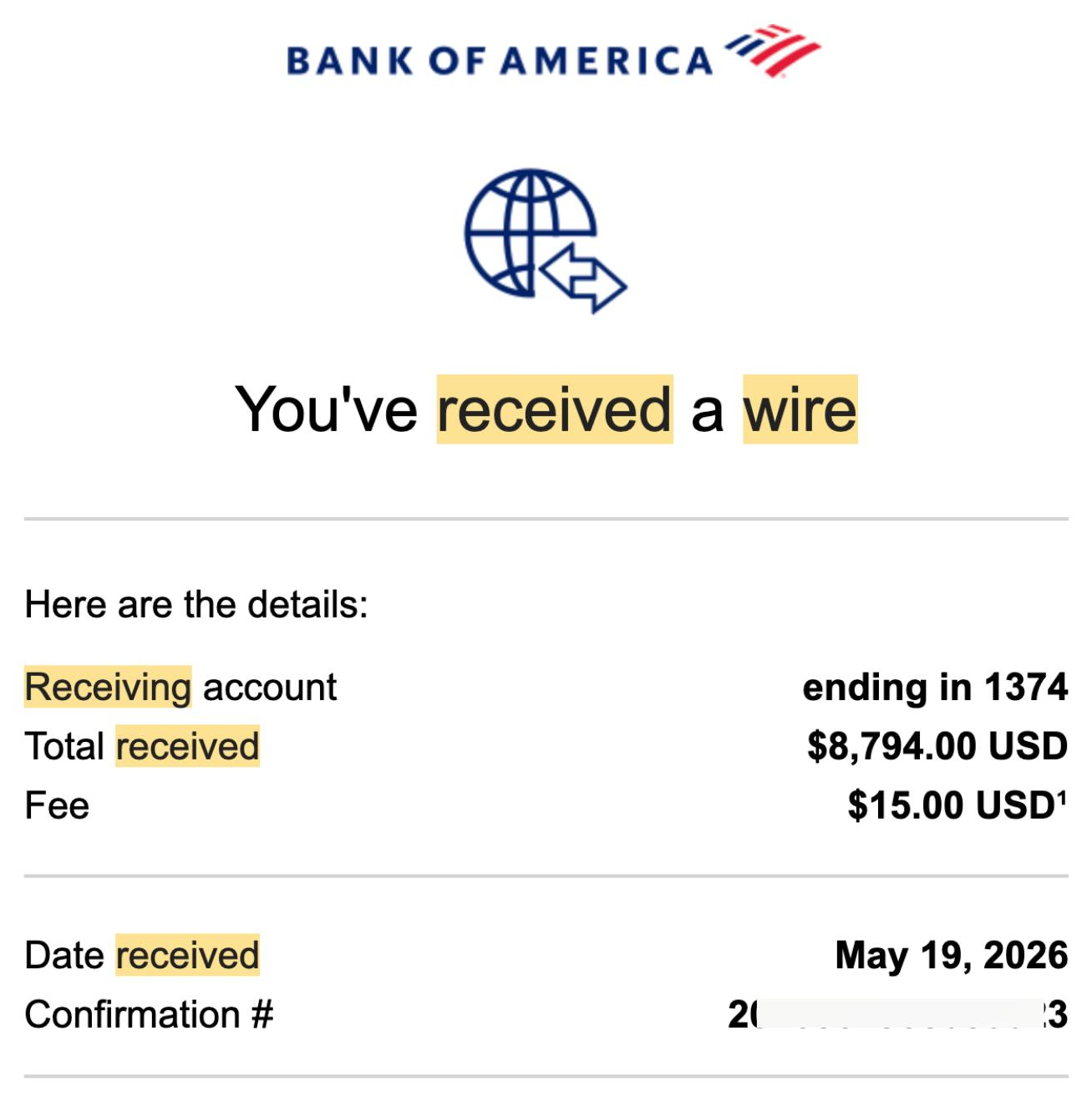 Bank wire notice for $8,794.00 received May 19, 2026